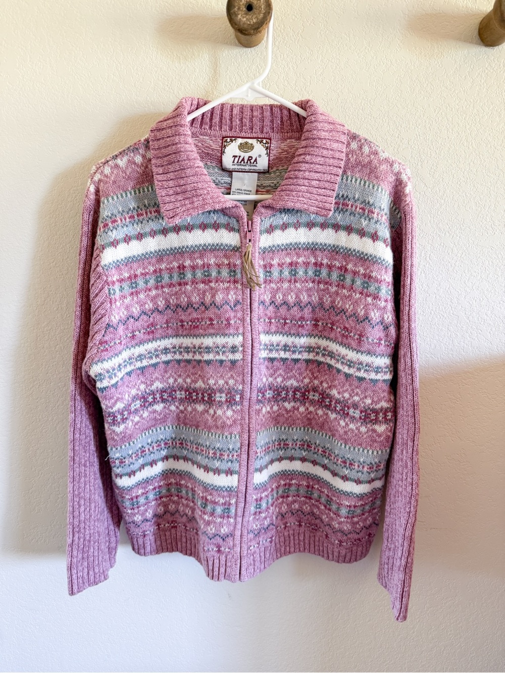 Vintage Tiara International Cardigan Sz L Pink Fair Isle Sweater Nordic Zip Y2K
